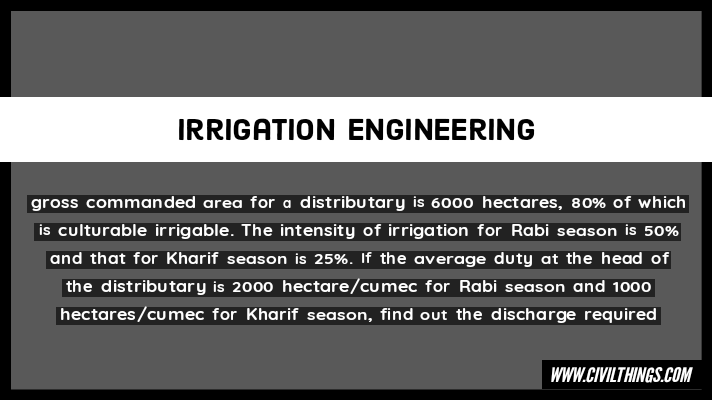 gross commanded area for a distributary is 6000 hectares, 80% of which is culturable irrigable. The intensity of irrigation for Rabi season is 50% and that for Kharif season is 25%. If the average duty at the head of the distributary is 2000 hectare/cumec for Rabi season and 1000 hectares/cumec for Kharif season, find out the discharge required