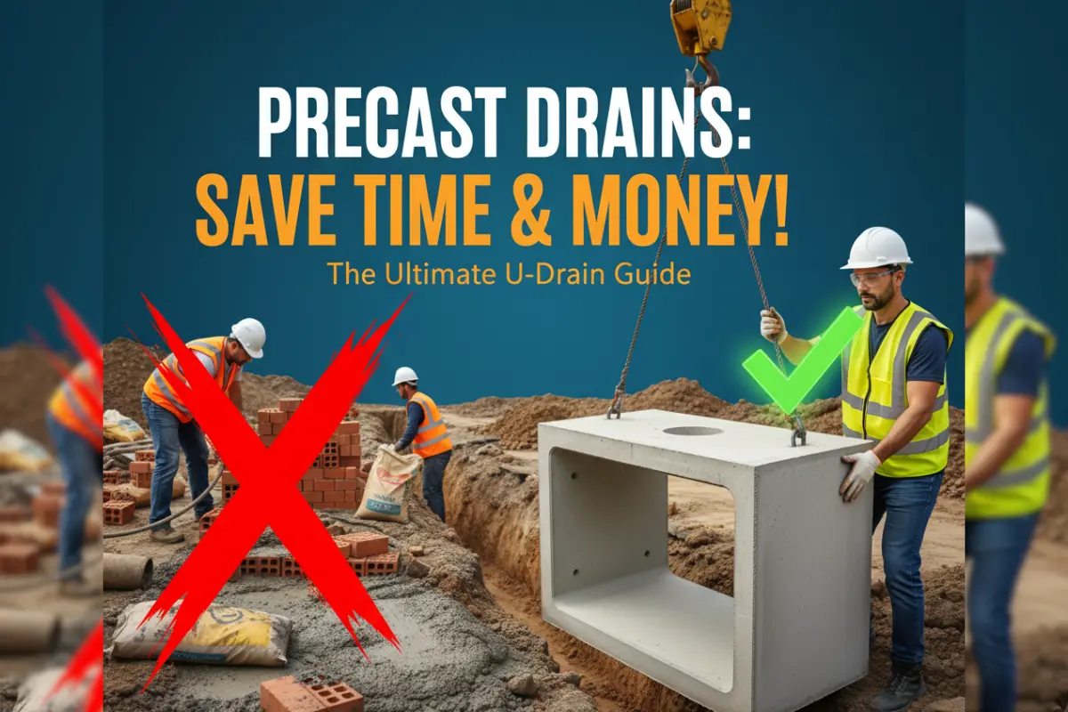 Infographic explaining precast U-drain systems, showing a cross-section diagram, key benefits like fast installation and durability, and common applications in civil engineering projects.