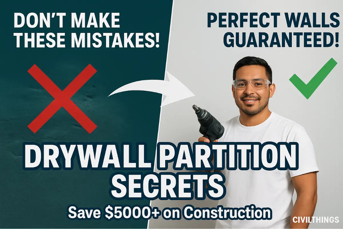 Professional fixing a smooth drywall partition versus a damaged wall with drywall tape bubbles and a drywall bulge, showcasing common drywall construction mistakes and solutions.