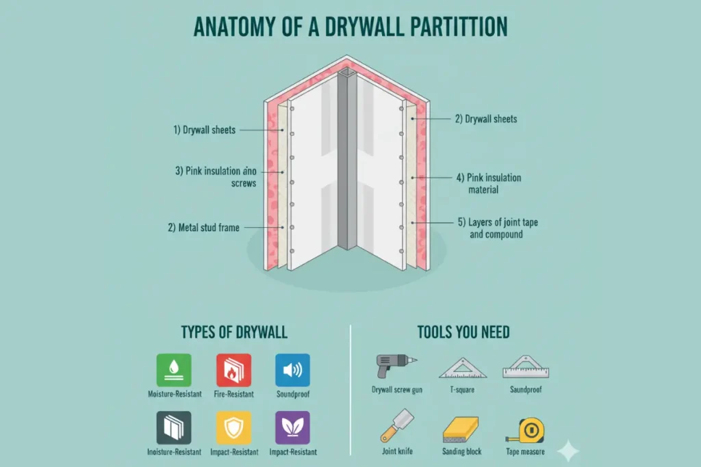 Infographic explaining the anatomy of a drywall partition, showing metal studs, drywall sheets, and screws, plus types of drywall like moisture-resistant and fire-resistant, and essential drywall construction tools.