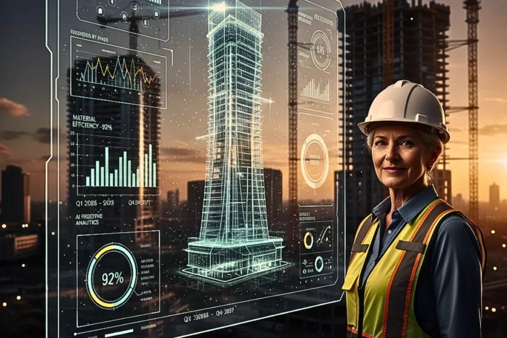 A senior construction planning engineer wearing a white helmet stands in front of a large digital BIM screen showing a 3D building model with AI data overlays, graphs, and timelines, modern construction site in background, cranes and high-rise buildings, realistic lighting, professional business news photography style, ultra-high resolution, cinematic depth of field, sharp focus, no text, no watermark