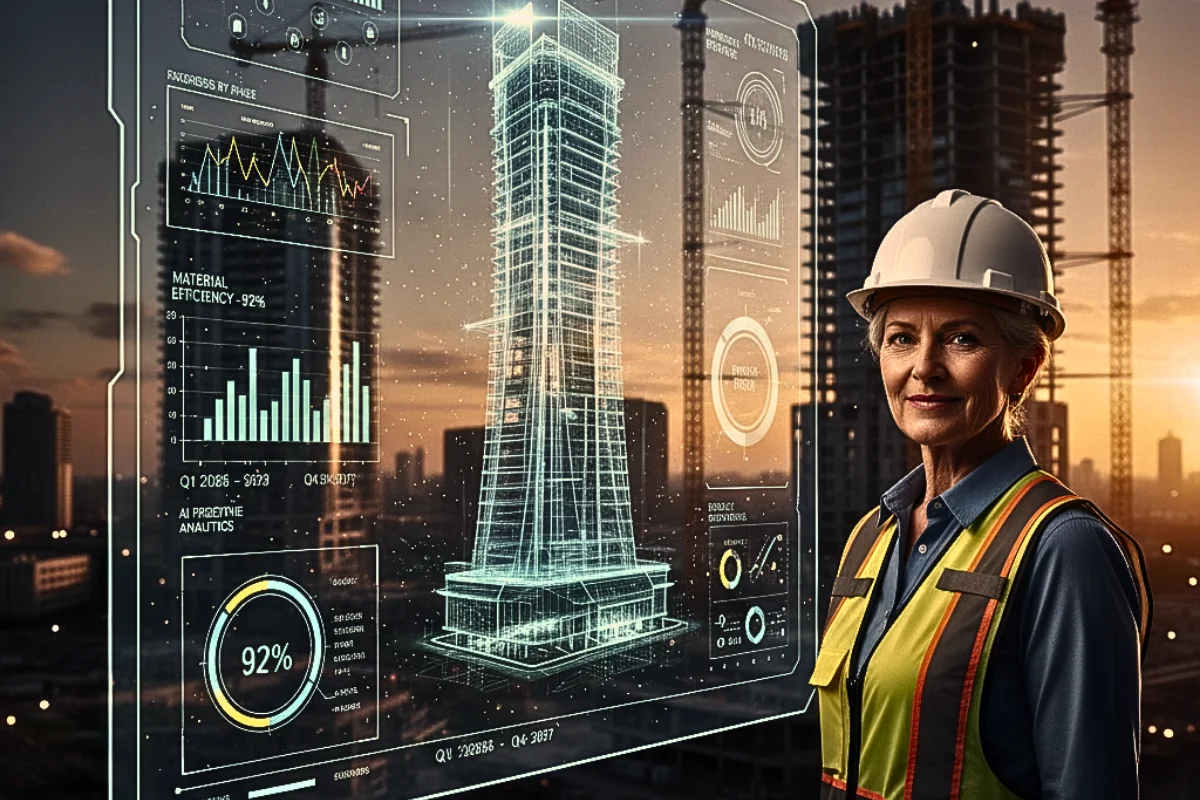 A senior construction planning engineer wearing a white helmet stands in front of a large digital BIM screen showing a 3D building model with AI data overlays, graphs, and timelines, modern construction site in background, cranes and high-rise buildings, realistic lighting, professional business news photography style, ultra-high resolution, cinematic depth of field, sharp focus, no text, no watermark