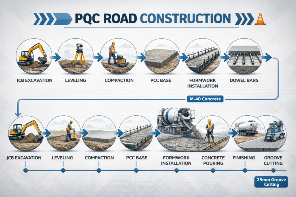 Pavement Quality Concrete (PQC) road construction work with fresh concrete pouring and site engineer measuring levels.